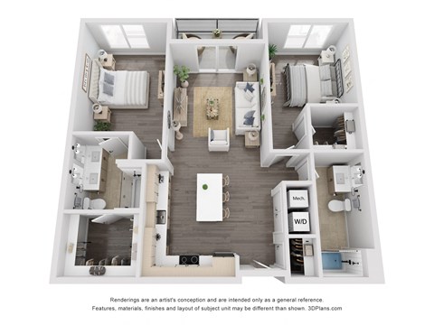 Floor plan for 2 beds, 2 baths, 1156 sqft